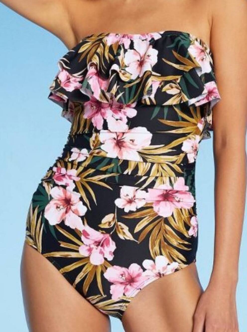 NEW KONA SOL FLORAL DOUBLE FLOUNCE FRONT HIGH COVERAGE ONE PIECE SWIMSUIT S 4-6